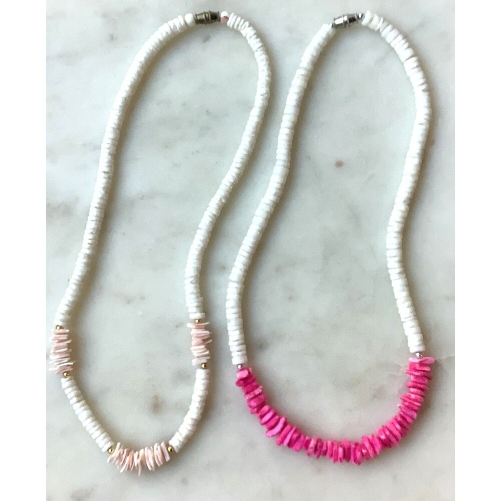 Vintage Beaded Shell Chip Necklaces Lot of 2 Puka Pink Fuschia White 15" - 16"